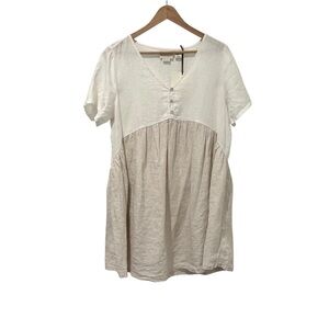 Cream and Tan Short Sleeve V Neck Dress with Pockets Beach Cover Up 100% Linen